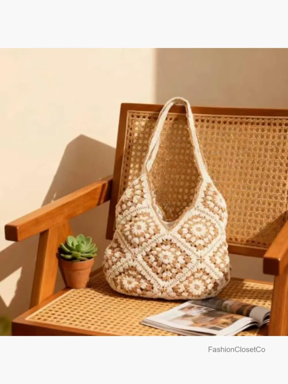 Hand-Crocheted Boho Hobo Tote Bag with Floral Decor, Large Capacity